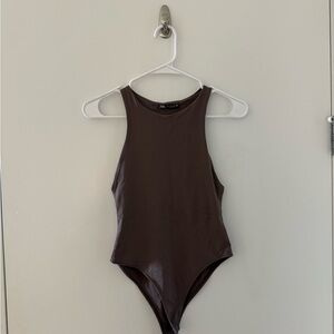 Zara Brown Bodysuit One Piece with High Neckline